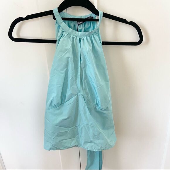 Zara Halter Bow Tie Back Powder Blue Front Slit Top Size Small - Picture 6 of 9
